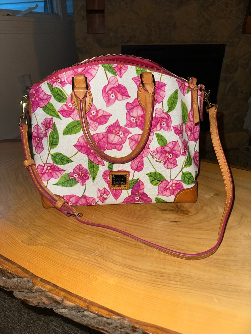 Dooney & Burke Floral Pink Canvas Satchel with Tan Trim